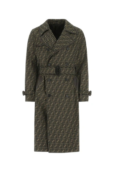 Fendi Belted Leather-trimmed Logo-jacquard Canvas Trench Coat In Brown