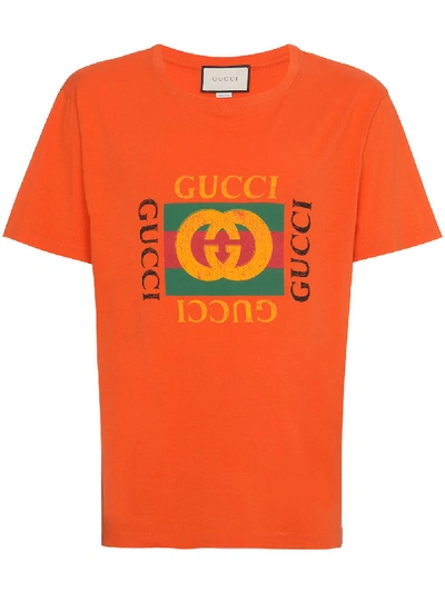 Gucci Distressed Printed Cotton-jersey T-shirt In Yellow&orange