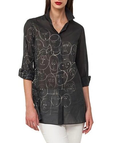 Akris Faces-print Cotton Voile Tunic Blouse In Black