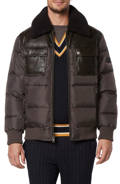 Andrew Marc Beaumont Faux Shearling Collar Faux Leather Water Resistant Quilted Puffer Jacket In Brown