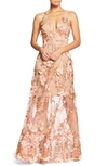 Dress The Population Sidney Deep V-neck 3d Lace Gown In Peach