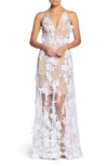 Dress The Population Sidney Deep V-neck 3d Lace Gown In White