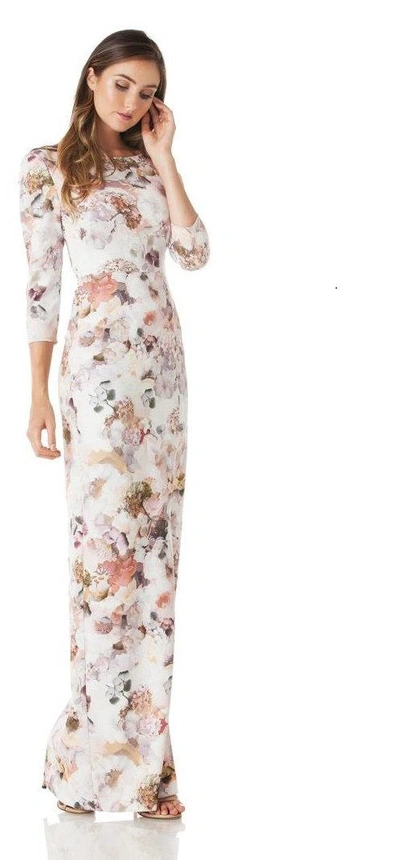 Kay Unger New York Sleeve Pink Floral Stretch Crepe Column Gown In Blush Multi