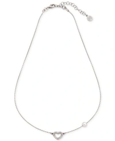 Majorica Cubic Zirconia Heart & Imitation Pearl Collar Necklace In Silver