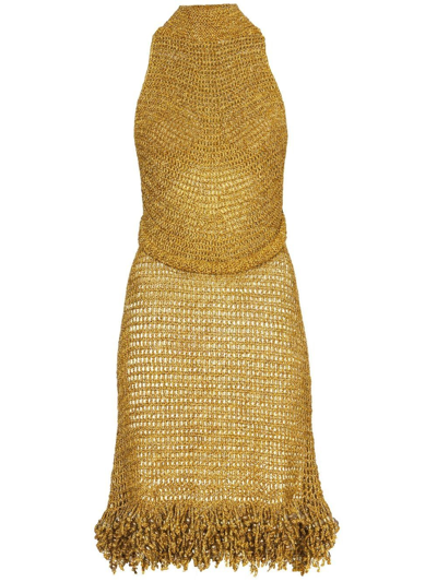 Proenza Schouler Metallic Hand-crochet Beaded Fringe Halter Gown In Gold