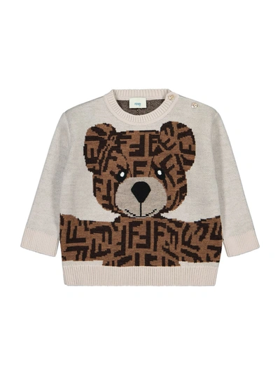 Fendi Beige Sweater For Baby Kids With Bear In White
