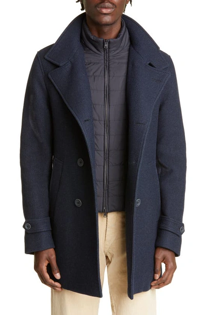 Herno Wool Blend Twill Peacoat With Removable Bib In Blu