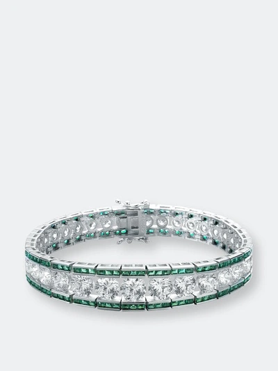 Genevive .925 Sterling Silver Clear And Green Cubic Zirconia Link Bracelet
