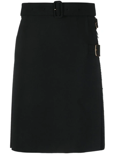 Burberry Pleated Belted Midi Kilt Skirt In Black