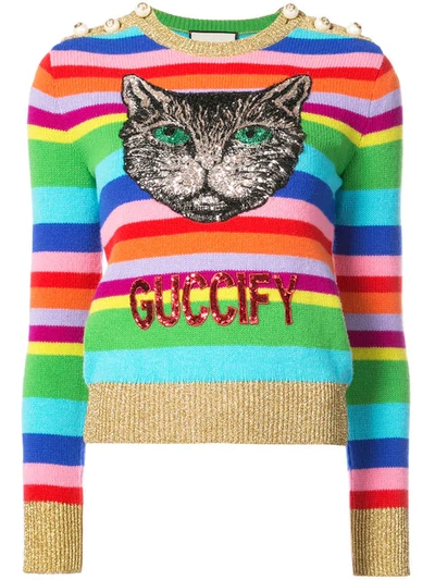 Gucci Embellished Cat Striped Crewneck Sweater In Multicolour