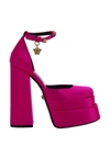 Versace Crystal Embellished Ankle Strap Block-heel Sandals In Deep Fuxia/oro