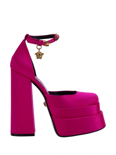 Versace Crystal Embellished Ankle Strap Block-heel Sandals In Deep Fuxia/oro