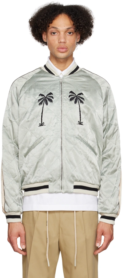 Palm Angels Quilted Life Is Palm Embroidered Satin Souvenir Jacket In Grey