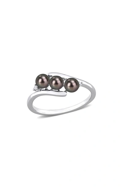 Delmar Sterling Silver 3.5-4mm Black Freshwater Pearl & Diamond Ring