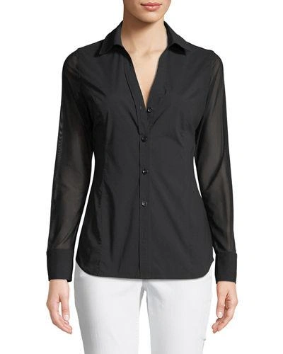 Anatomie Beth Mesh-sleeve Button-front Shirt In Black