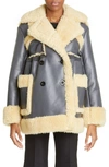 Sacai Double Breasted Faux Shearling Coat In Grey/ Yellow