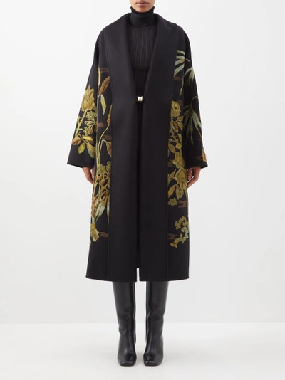 Valentino Floral-embroidered Wool-blend Coat In 01bk