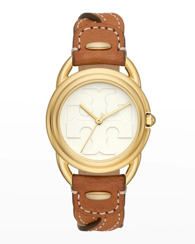 Tory Burch Miller Watch, Luggage Leather/gold-tone Stainless Steel In Ivory/cammello