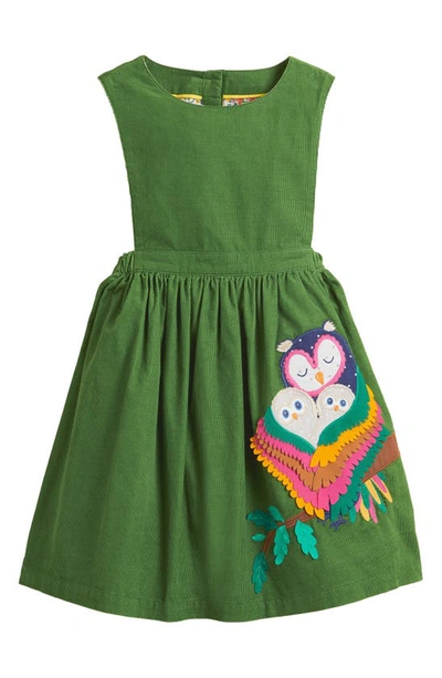 Mini Boden Kids' Owl Appliqué Cotton Corduroy Pinafore Dress In Olive Green Owls