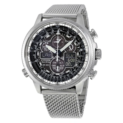 Citizen Men's Chronograph Navihawk Eco-drive Stainless Steel Mesh Bracelet Watch 48mm Jy8030-83e In Black,silver Tone