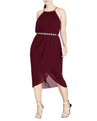 City Chic Trendy Plus Size Belted Faux-wrap Midi Dress In Garnet