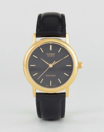 Casio Mtp1095q-1a Gold Detail Black Leather Strap Watch - Black