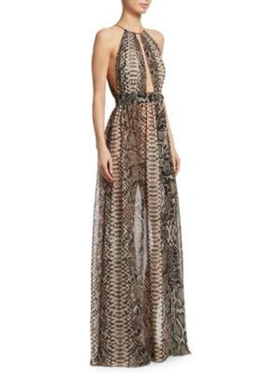 Elie Saab Python Print Chiffon Halterneck Gown In Multi