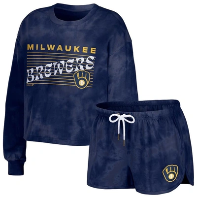 Wear By Erin Andrews Women's  Navy Milwaukee Brewers Tie-dye Cropped Pullover Sweatshirt And Shorts L