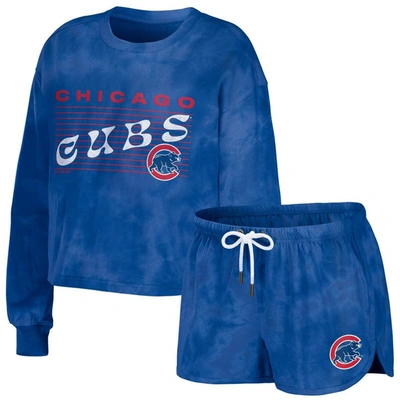 Wear By Erin Andrews Royal Chicago Cubs Tie-dye Cropped Pullover Sweatshirt & Shorts Lounge Set