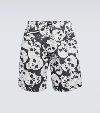 Erl Skull-print Regular-fit Mid-rise Cotton Shorts In Black