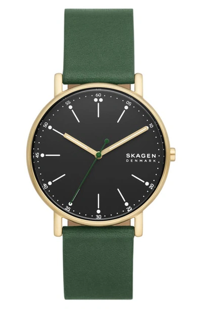 Skagen Signature Evergreen Leather Strap Watch, 40mm In Black/green