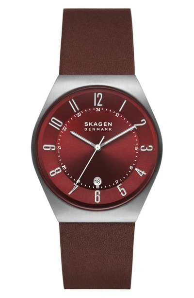 Skagen Grenen Cherrywood Leather Strap Watch, 37mm In Red