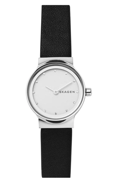 Skagen Freja Crystal Accent Leather Strap Watch, 26mm In Black/ White/ Silver