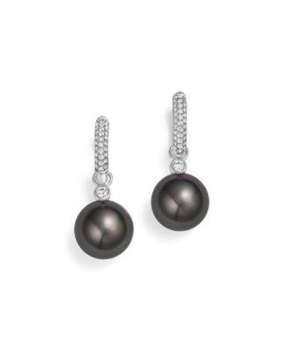 Tara Pearls 18k White Gold Cultured Tahitian Black Pearl & Diamond Huggie Earrings In Black/white