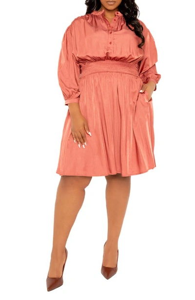 Buxom Couture Smocked Long Sleeve Satin Shirtdress In Pink