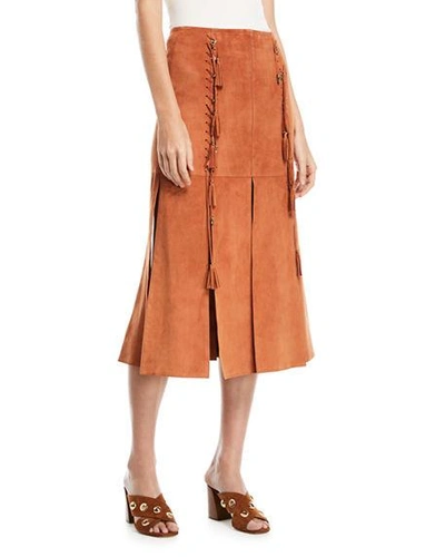 Chloé Suede Skirt With Slits & Lacing In Tan
