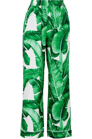 Dolce & Gabbana Banana Leaf-print Wide-leg Silk Trousers In Tonal-green