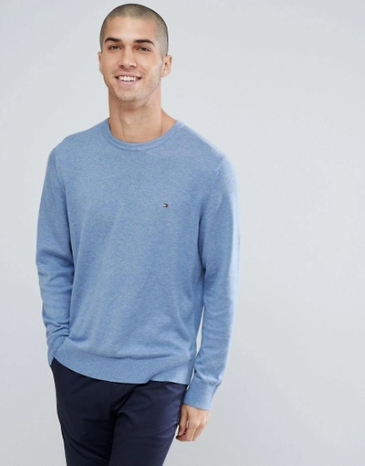 Tommy Hilfiger Flag Logo Knit Sweater Plaited Cotton Silk In Blue - Blue