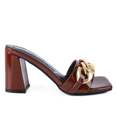 London Rag Playdoll Metal Chain Detail Block Heel Sandal In Espresso