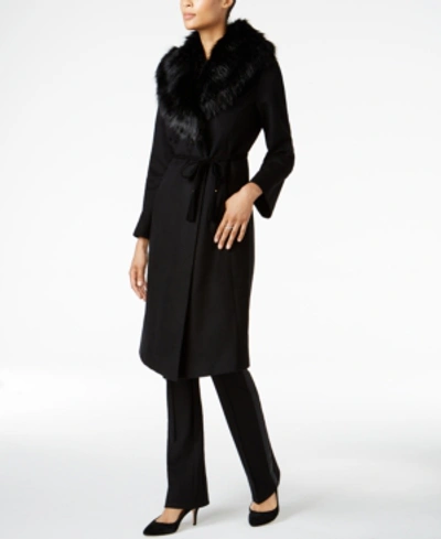 Via Spiga Belted Faux Fur-trim Wrap Maxi Coat In Black