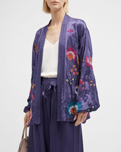 Johnny Was Didiana Embroidered Balloon-sleeve Kimono In Purple