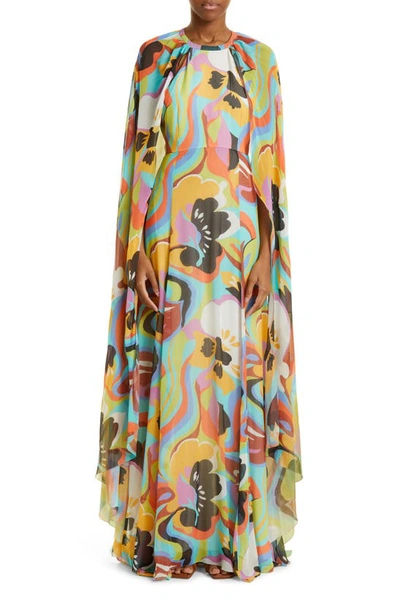 Etro Abstract Floral Cape Dress In Multicolour