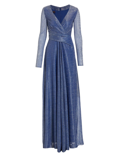 Talbot Runhof Metallic Long-sleeve V-neck Gown In Electric Blue