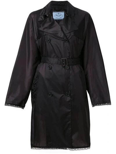Prada Lace-trim Velo-nylon Trenchcoat In Black