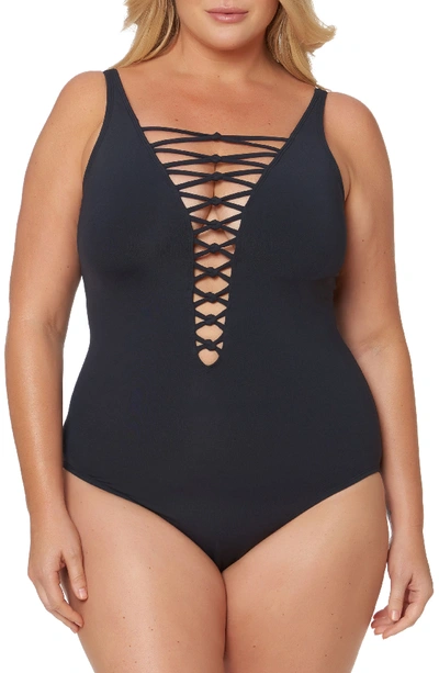 Bleu Rod Beattie Lattice One-piece Swimsuit In Black