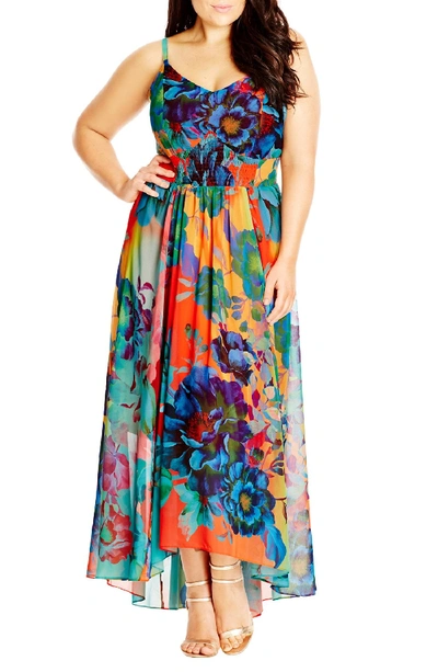City Chic 'hot Summer Days' Print High/low Maxi Dress In Coral