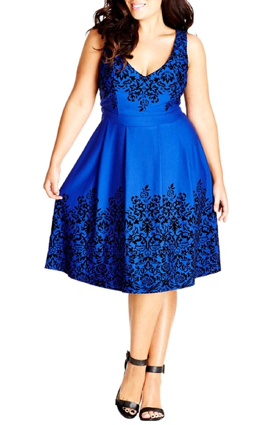 City Chic Border Flocked Fit & Flare Dress In French Blue