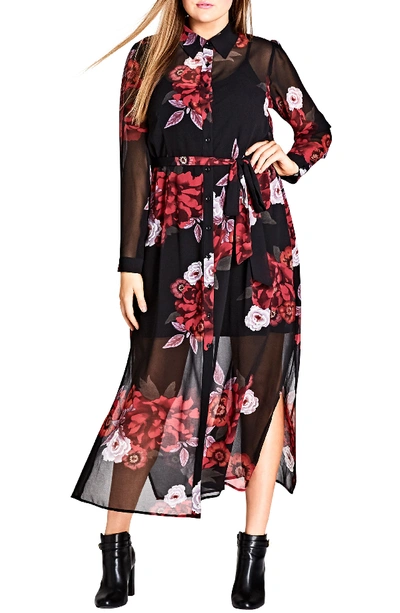 City Chic Rose Print Maxi Dress In Rich Rose