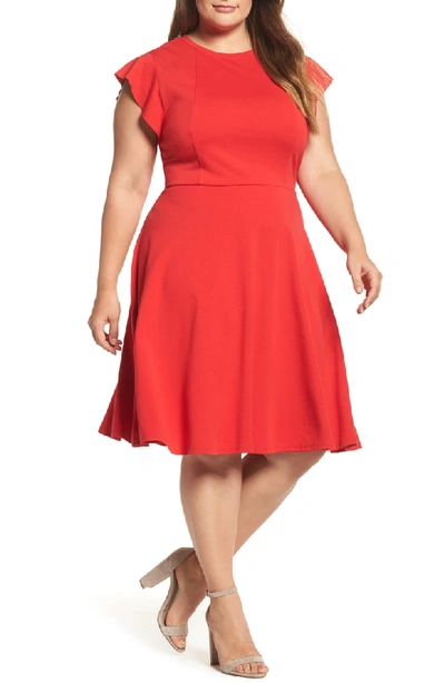 City Chic Frill Sleeve Fit & Flare Dress In Vermillion