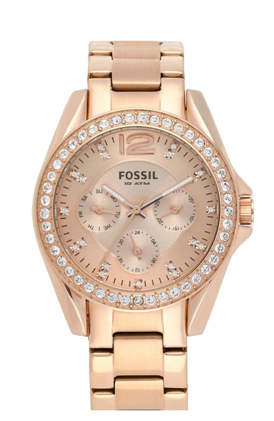 Fossil 'riley' Round Crystal Bezel Bracelet Watch, 38mm In Gold/ Silver